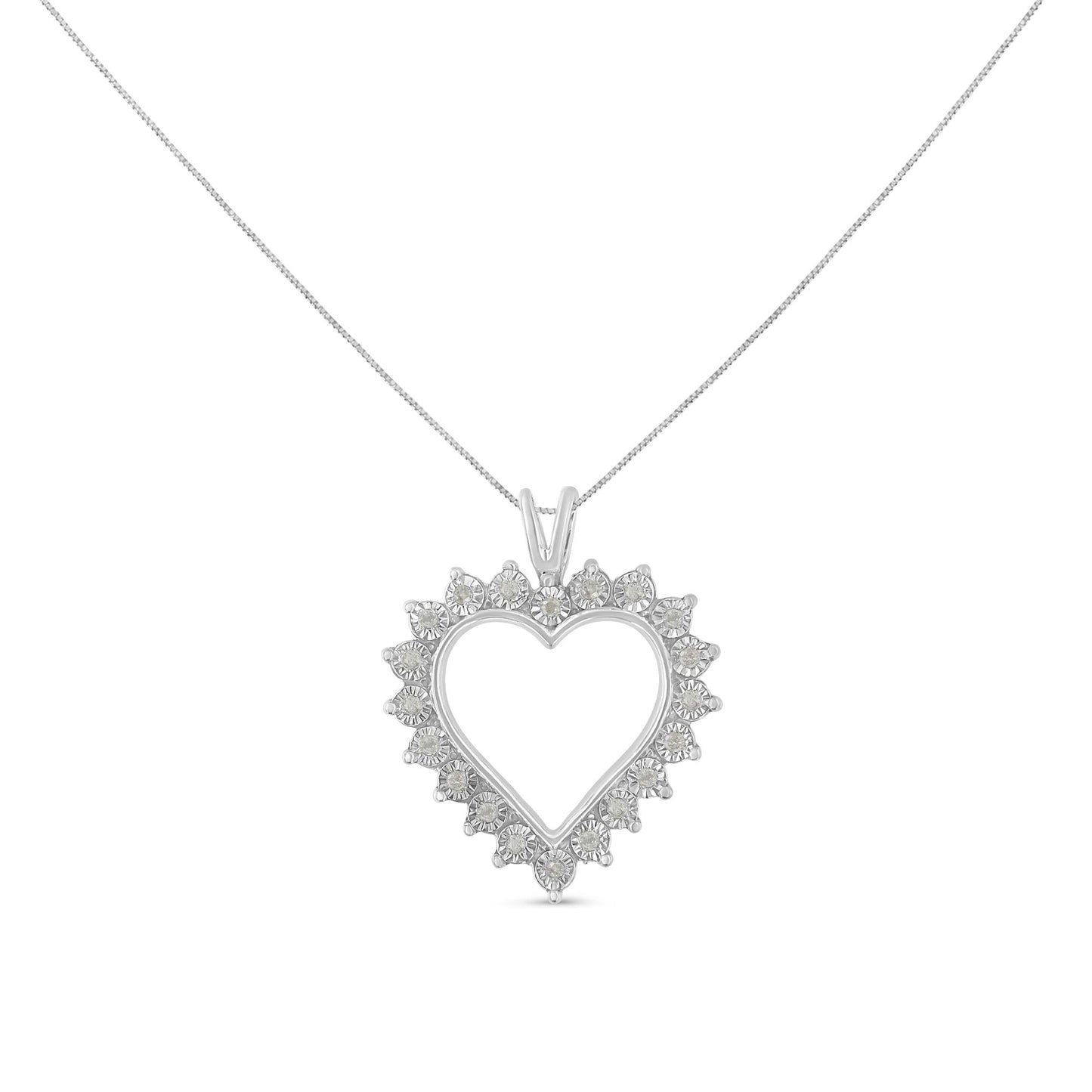 Front view of a white metal heart-shaped necklace pendant with round white gemstones set around the heart, hanging from a fine chain.