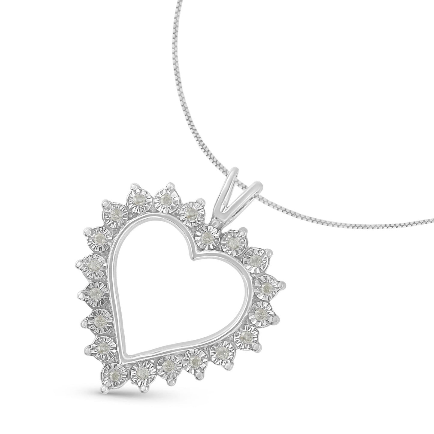 Close-up front angle of a white metal heart-shaped necklace pendant with round white gemstones in miracle setting around the open heart outline on a chain.