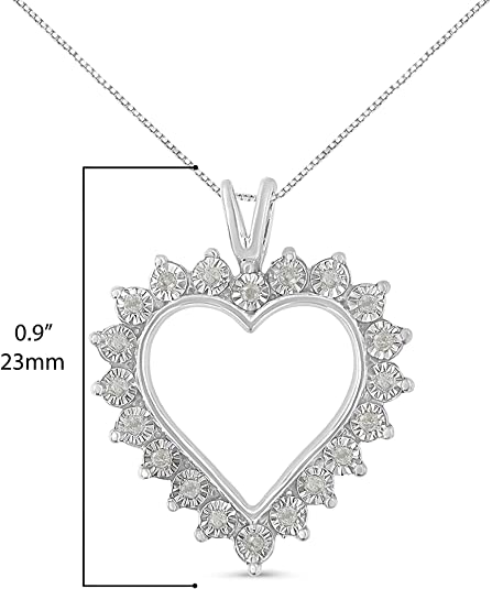 Front view of a white metal heart-shaped necklace pendant with round white gemstones set around the edge, shown with measurement indicators.