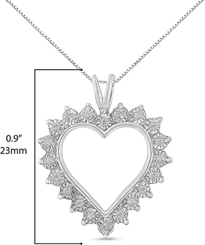 Front view of a white metal heart-shaped necklace pendant with round white gemstones set around the edge, shown with measurement indicators.