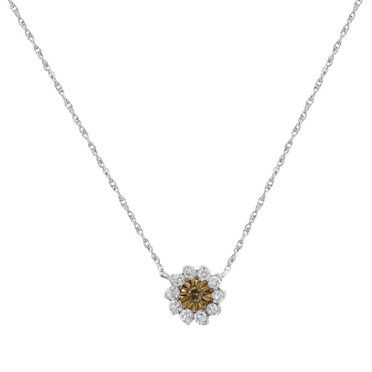 Front view of a two-toned necklace with a flower-shaped pendant featuring a central round champagne-colored gemstone with miracle setting, surrounded by round white gemstones with invisible setting, on a delicate chain.