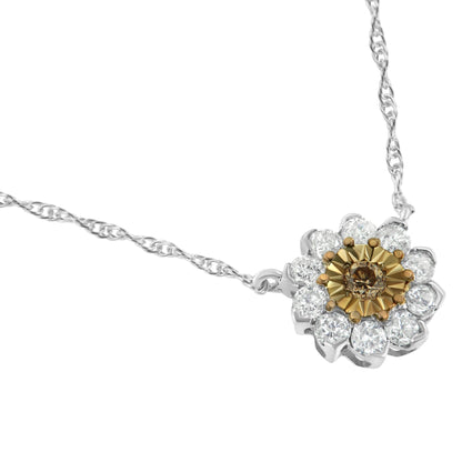 Close-up front angle of a two-toned necklace with a flower-shaped pendant featuring a central round champagne-colored gemstone in a miracle setting surrounded by round white gemstones in an invisible setting.