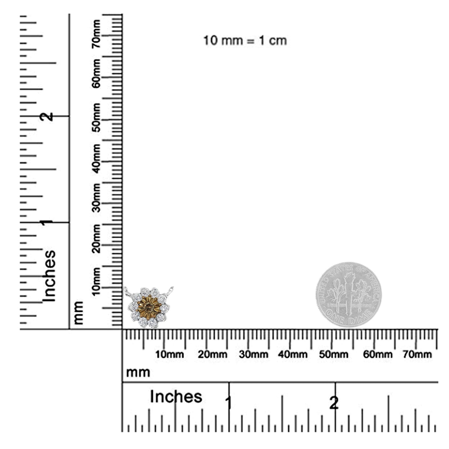 Two-toned necklace pendant with a central round champagne-colored gemstone surrounded by multiple round white gemstones, displayed on a ruler for size reference with a coin beside it, front angle view.