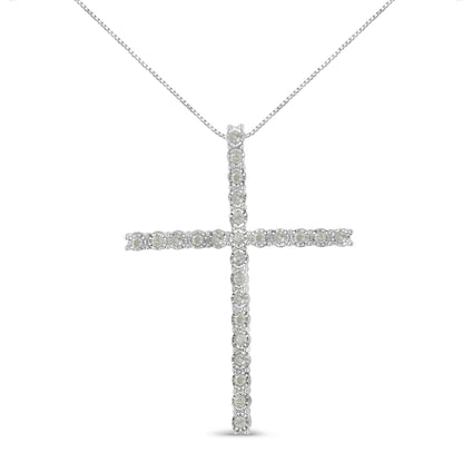 Front-facing view of a white metal cross-shaped necklace pendant adorned with round white gemstones in a miracle setting.