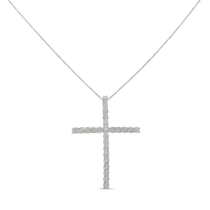 Front view of white metal cross-shaped necklace pendant with round white gemstones in miracle setting on a chain.