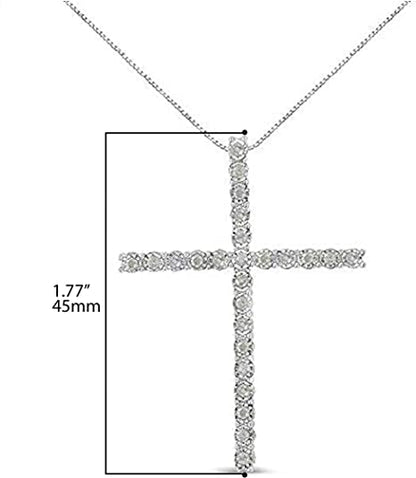 Front view of a white metal necklace with a cross pendant set with round white gemstones, displayed on a ruler for size reference.