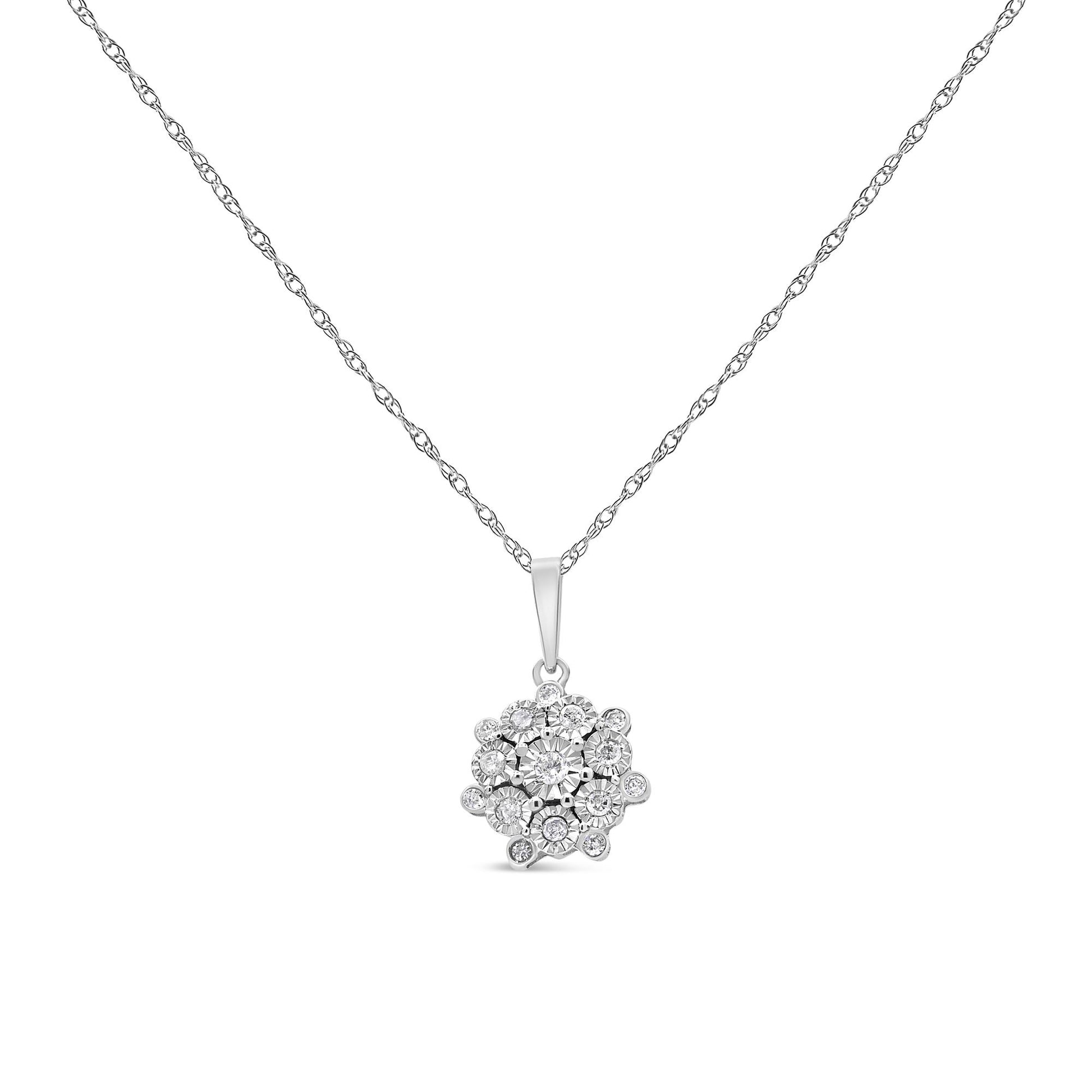 Front view of a white metal necklace with a round cluster pendant featuring multiple white round gemstones in a miracle setting.