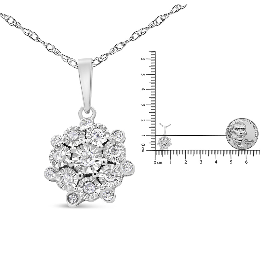 Front view of a white metal necklace with a round pendant featuring white round gemstones in a miracle setting, shown next to a ruler for size reference.