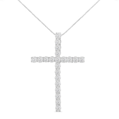Front angle of a white metal necklace with a cross pendant featuring round white gemstones in prong settings.