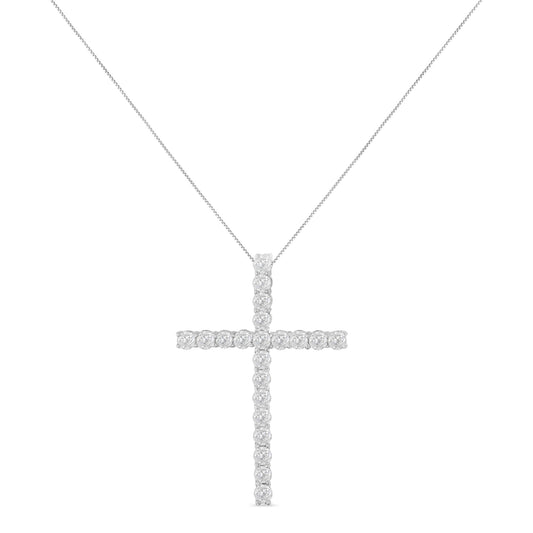 Front view of a white metal necklace with a cross-shaped pendant featuring round white gemstones in prong settings.
