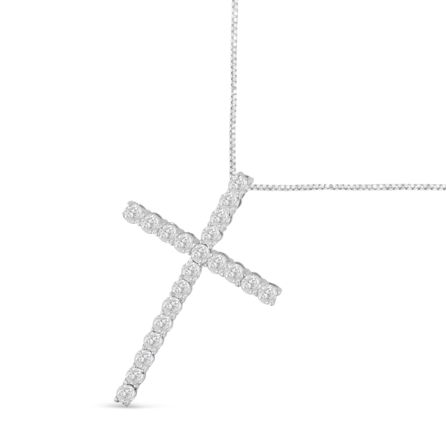 White metal necklace with a cross-shaped pendant set with round white gemstones, shown from a front angle on a white background.