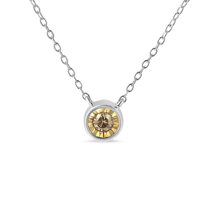 Front view of a white metal necklace with a round brownish gemstone in a miracle setting pendant.