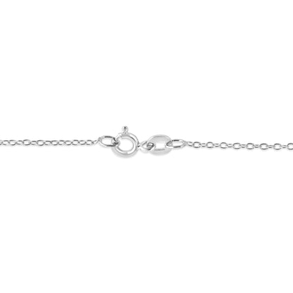 Close-up image of the clasp and chain links of a white metal necklace, shown from a top-down angle.