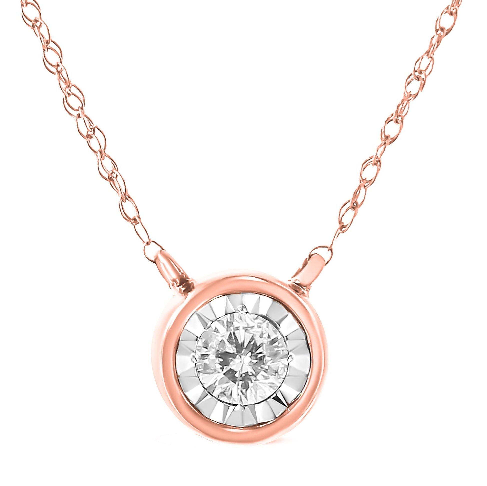 Close-up front view of a rose metal necklace with a round white gemstone in a miracle setting pendant.