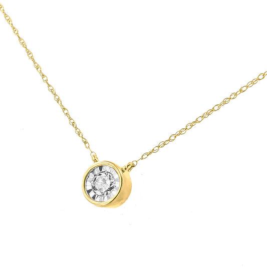 Yellow metal necklace with a round white gemstone in a miracle setting pendant, shown in a close-up front angle.