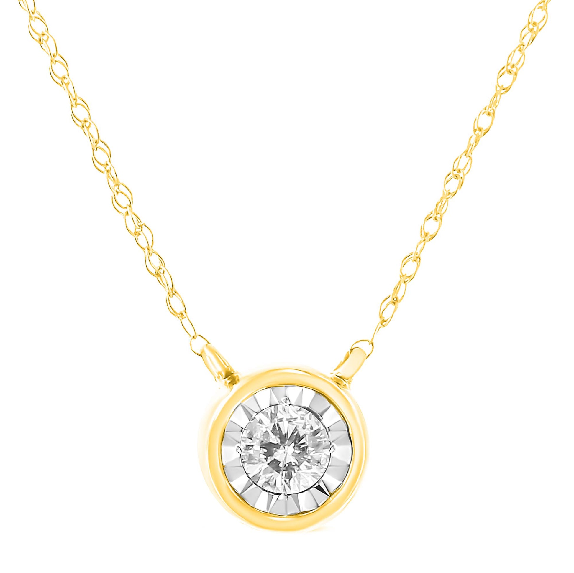 Close-up front view of a yellow metal necklace with a round white gemstone in a miracle setting pendant.