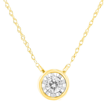 Close-up front view of a yellow metal necklace with a round white gemstone in a miracle setting pendant.