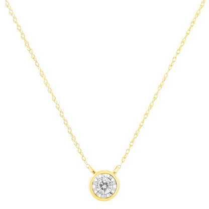 Front-facing shot of a yellow necklace with a round white gemstone in a miracle setting pendant.