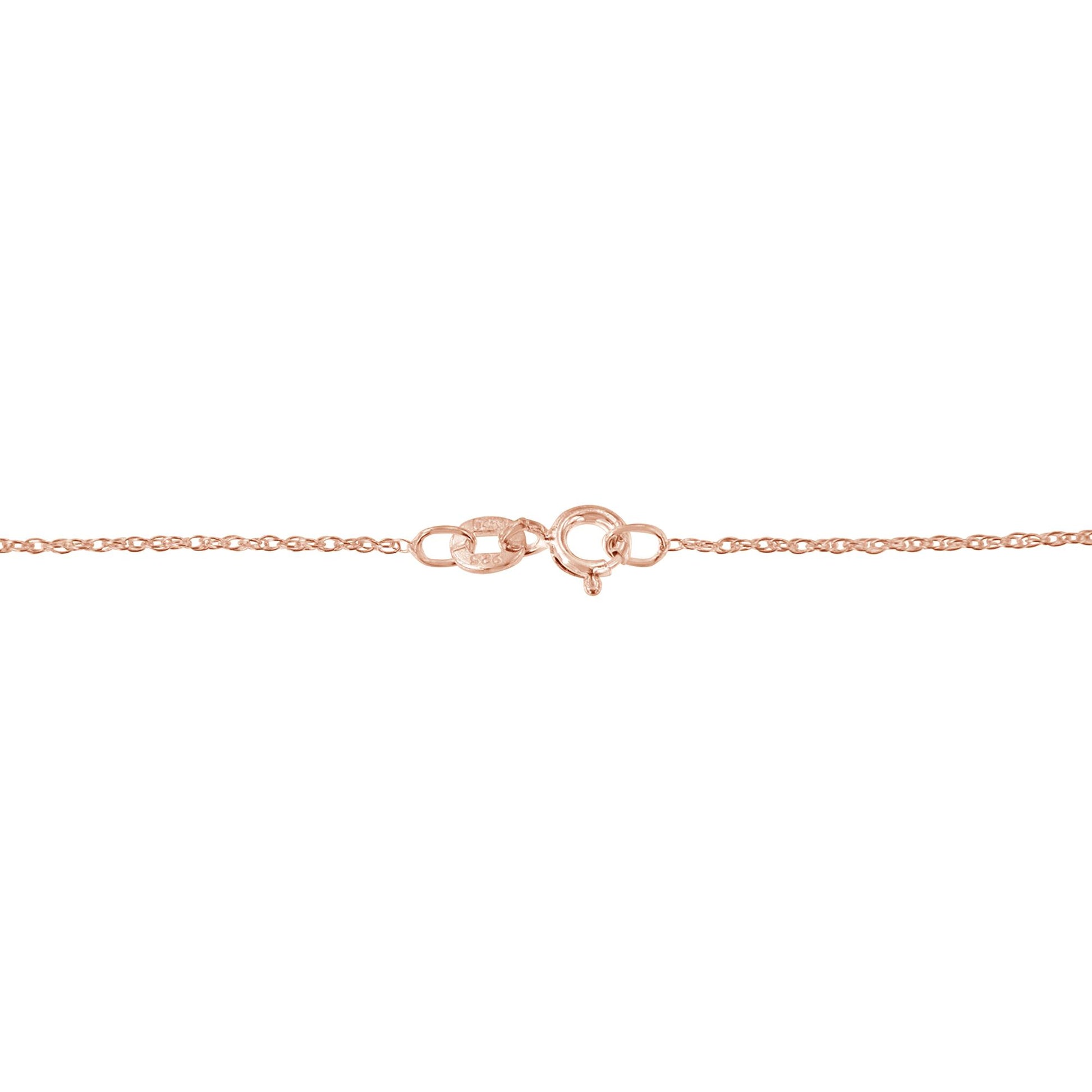 Close-up of the rose-colored necklace clasp and chain links, shot from the front angle.