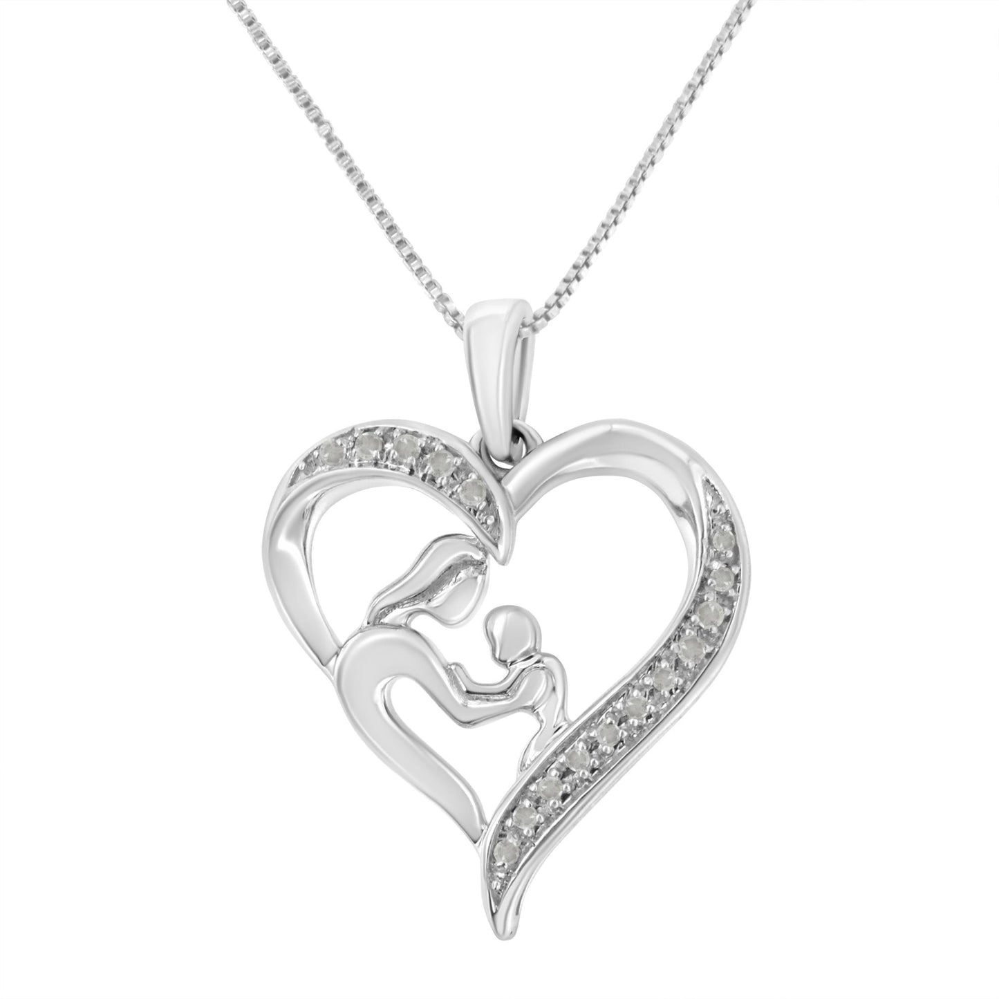 Front angle of white metal heart-shaped necklace pendant featuring an abstract mother and child design with white round prong-set gemstones along part of the heart.