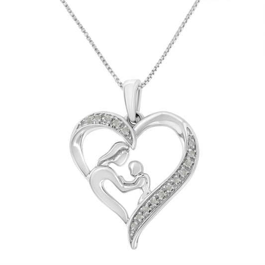 Front angle of white metal heart-shaped necklace pendant featuring an abstract mother and child design with white round prong-set gemstones along part of the heart.
