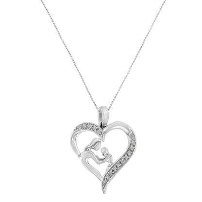 Front-facing shot of a white metal heart-shaped necklace pendant with an abstract mother and child design, accented with round prong-set white gemstones along the heart outline.