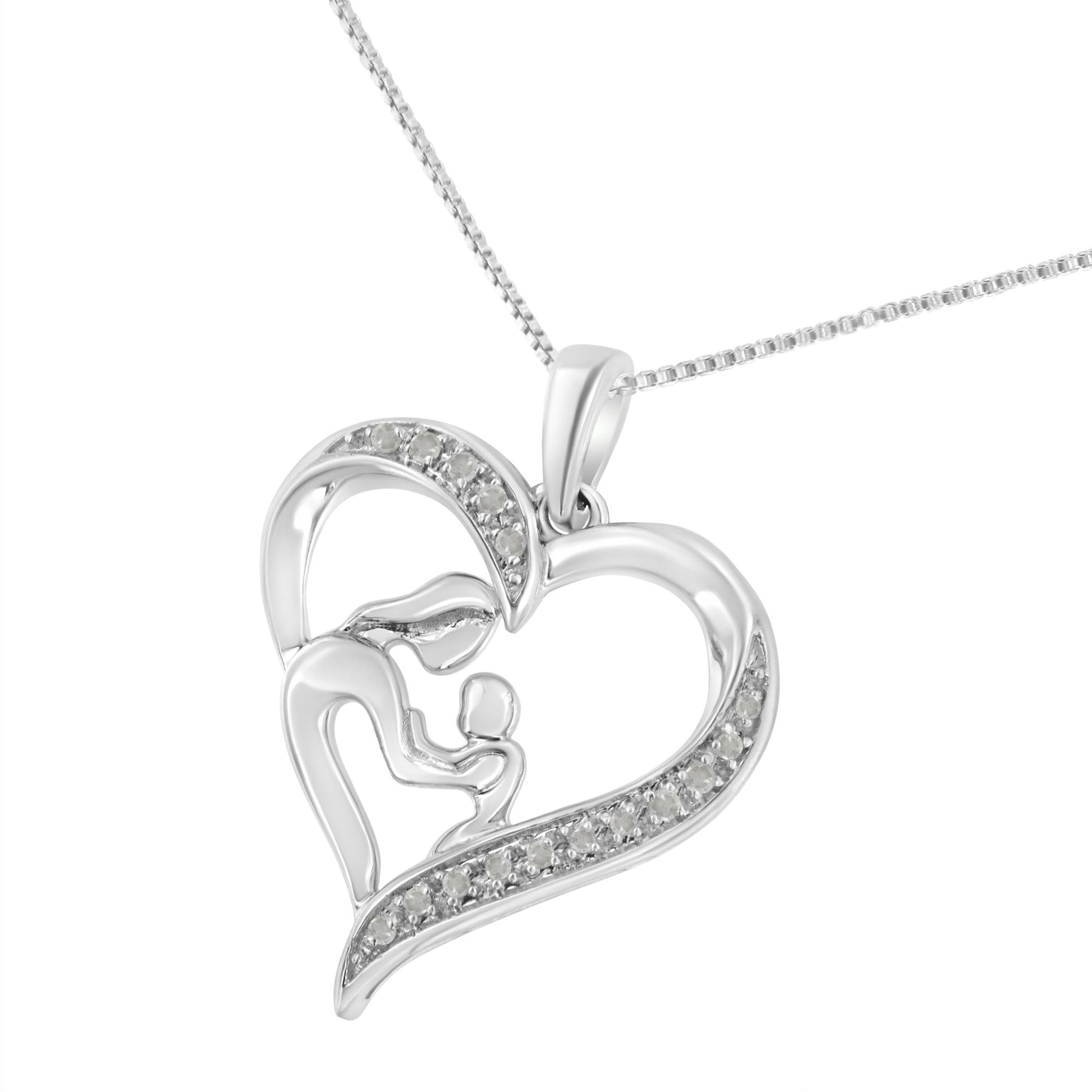 White metal heart-shaped necklace pendant with a mother and child design inside, accented with round white gemstones, shown in a close-up front angle.