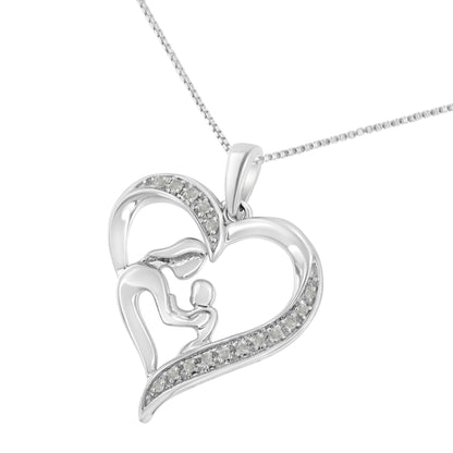 White metal heart-shaped necklace pendant with a mother and child design inside, accented with round white gemstones, shown in a close-up front angle.
