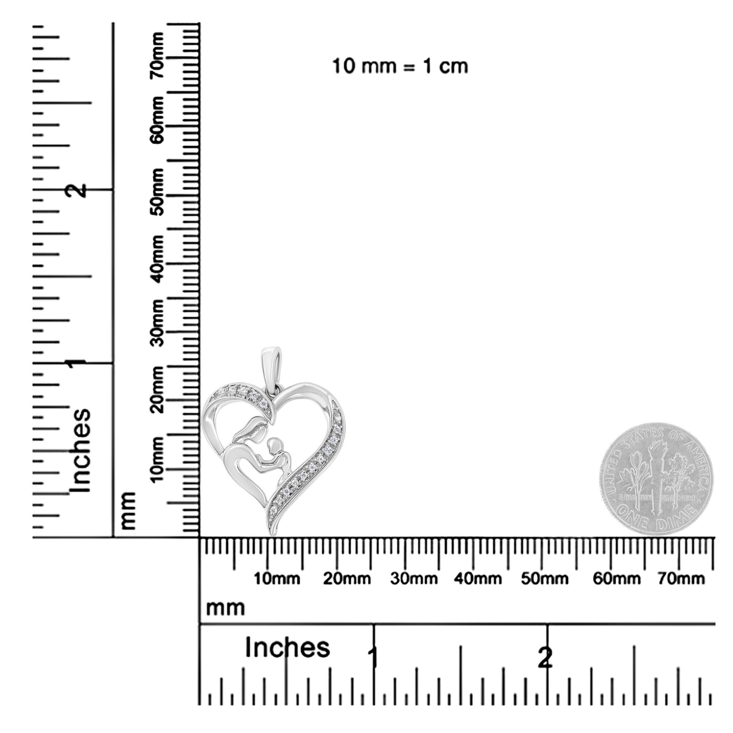 Close-up front angle of a white metal heart-shaped necklace pendant with two human figures inside, accented with round white gemstones in prong settings, placed on a ruler for size reference.