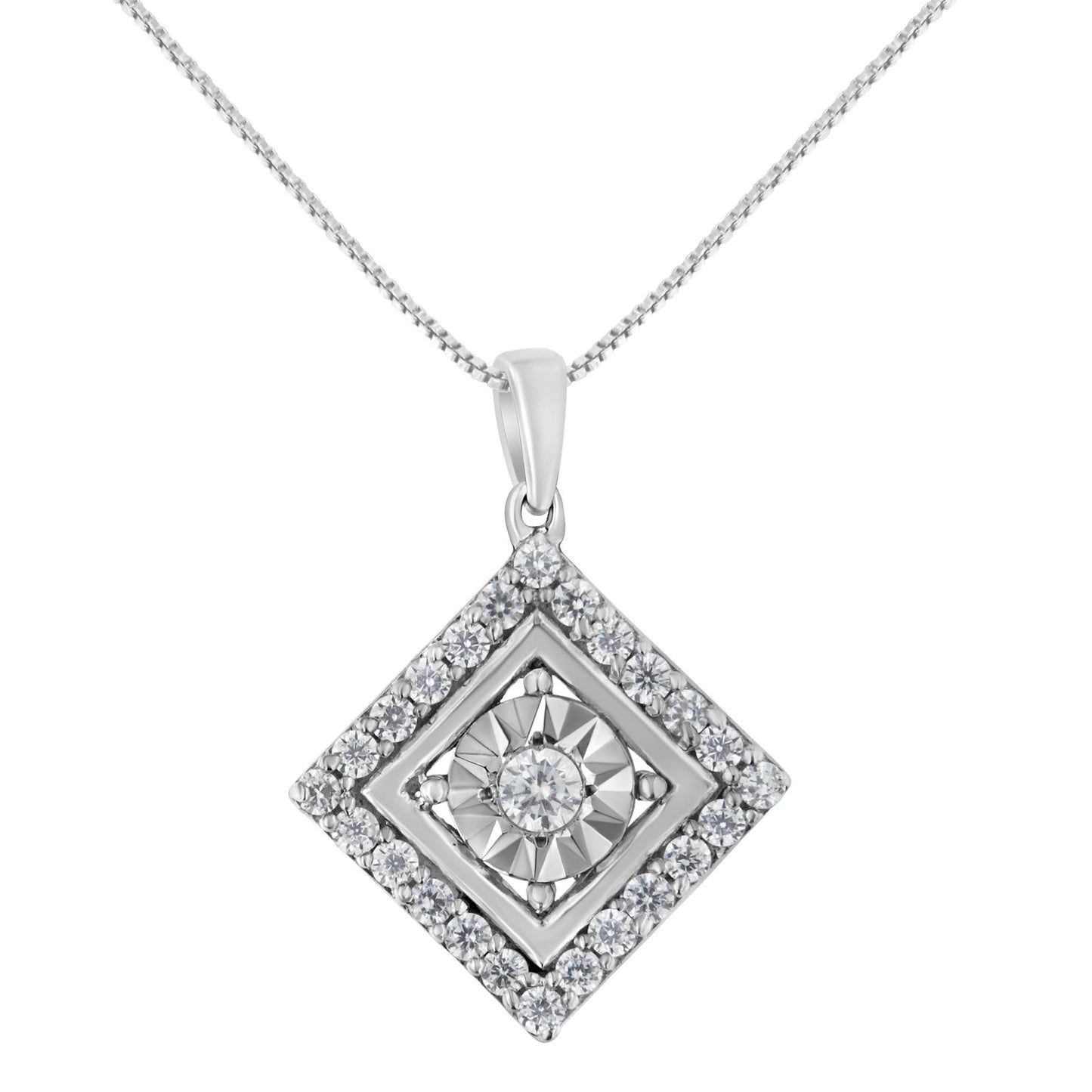 Front view of a white metal necklace with a square-shaped pendant featuring a central round white gemstone in a miracle setting surrounded by multiple smaller round white gemstones in prong settings.