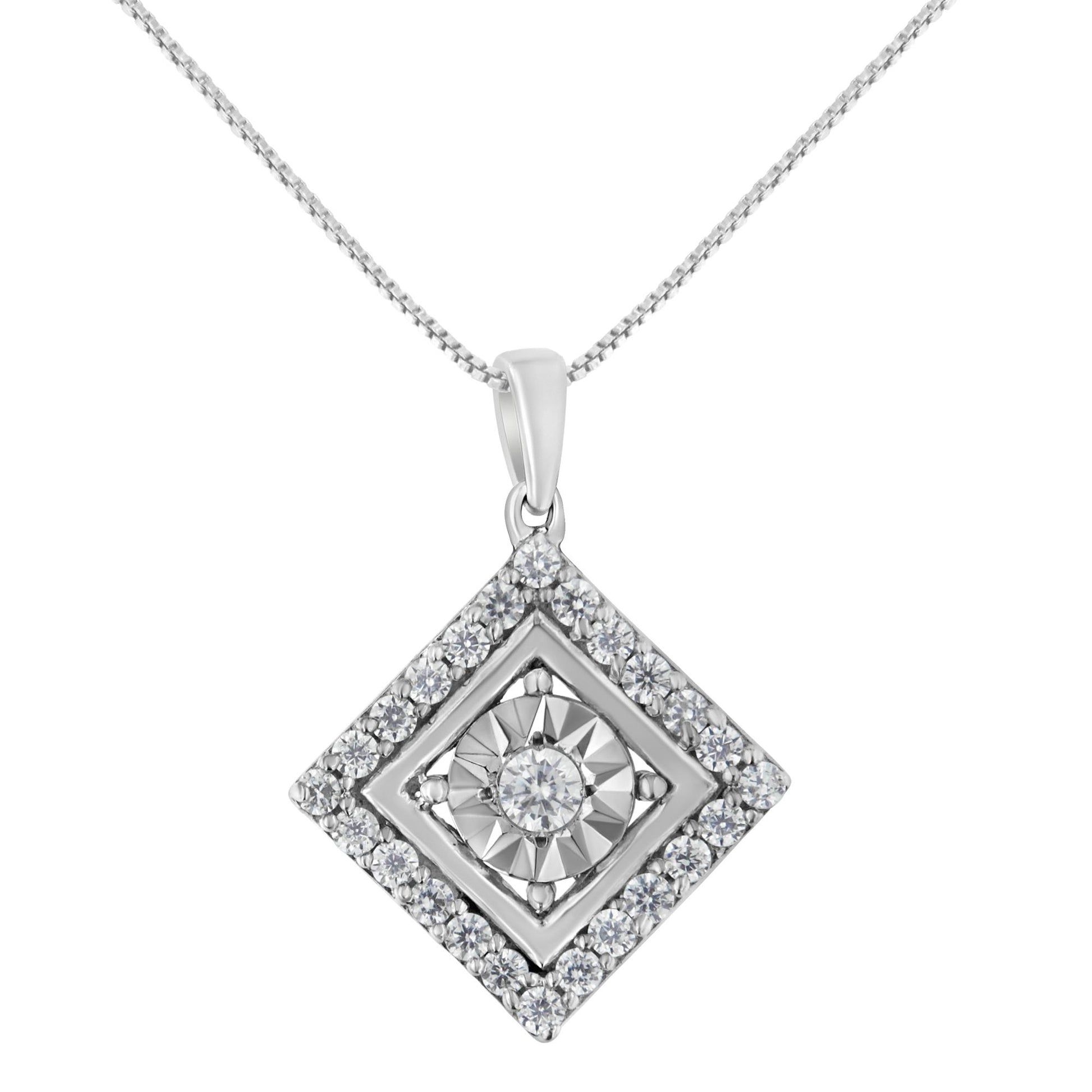 Front view of a white metal necklace with a square-shaped pendant featuring a central round white gemstone in a miracle setting surrounded by multiple smaller round white gemstones in prong settings.