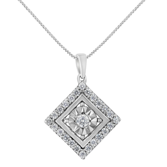 Front view of a white metal necklace with a square-shaped pendant featuring a central round white gemstone in a miracle setting surrounded by multiple smaller round white gemstones in prong settings.