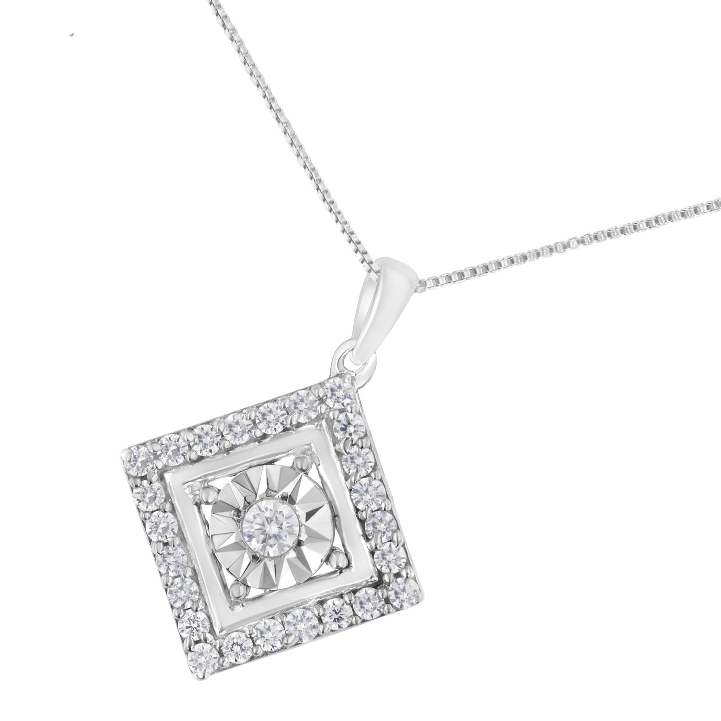 White metal necklace with a square-shaped pendant featuring a central round gemstone in a miracle setting, surrounded by multiple smaller round gemstones in prong settings, shown in a close-up front angle.