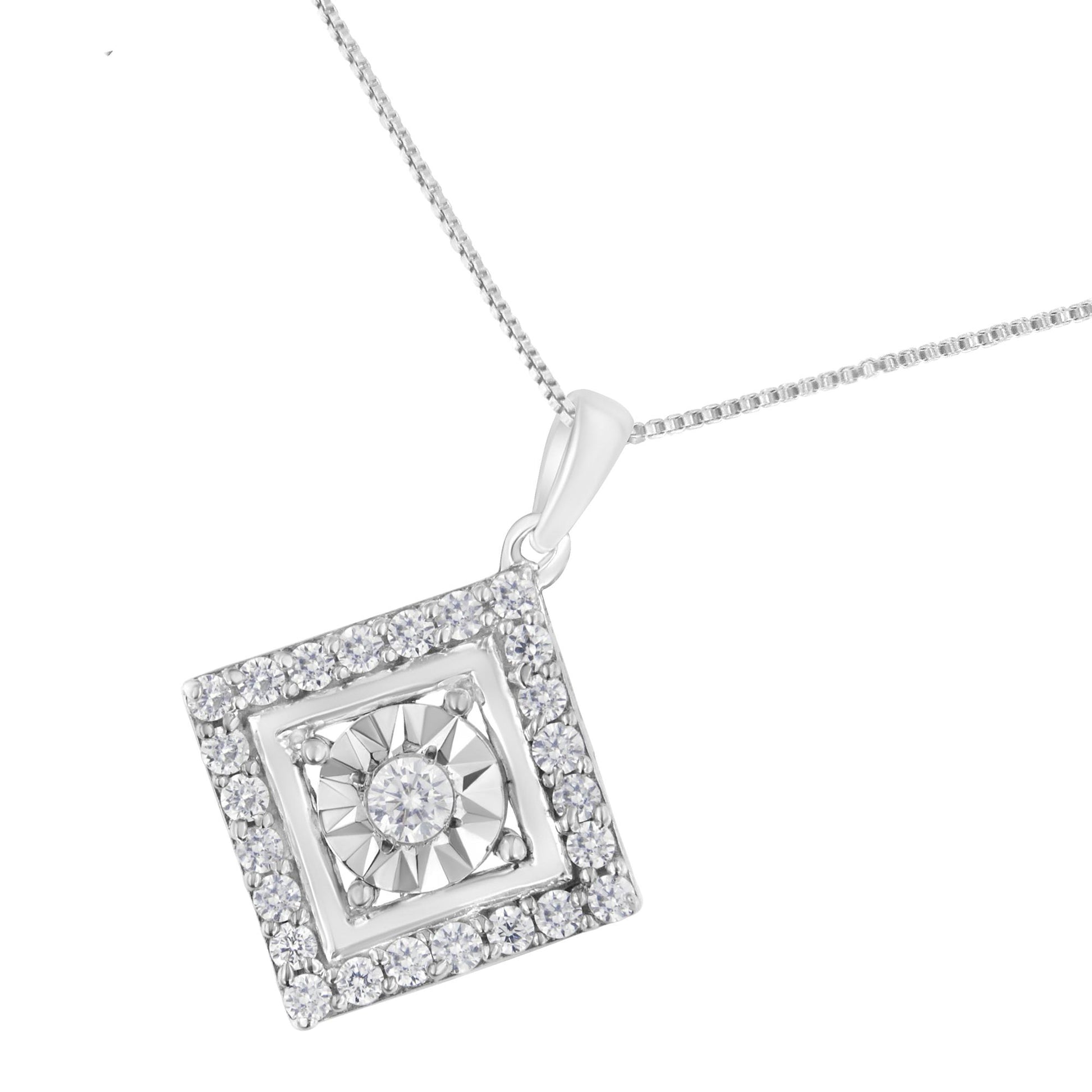 White metal necklace with a square-shaped pendant featuring a central round gemstone in a miracle setting, surrounded by multiple smaller round gemstones in prong settings, shown in a close-up front angle.