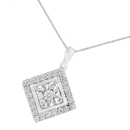 White metal necklace with a square-shaped pendant featuring a central round gemstone in a miracle setting, surrounded by multiple smaller round gemstones in prong settings, shown in a close-up front angle.