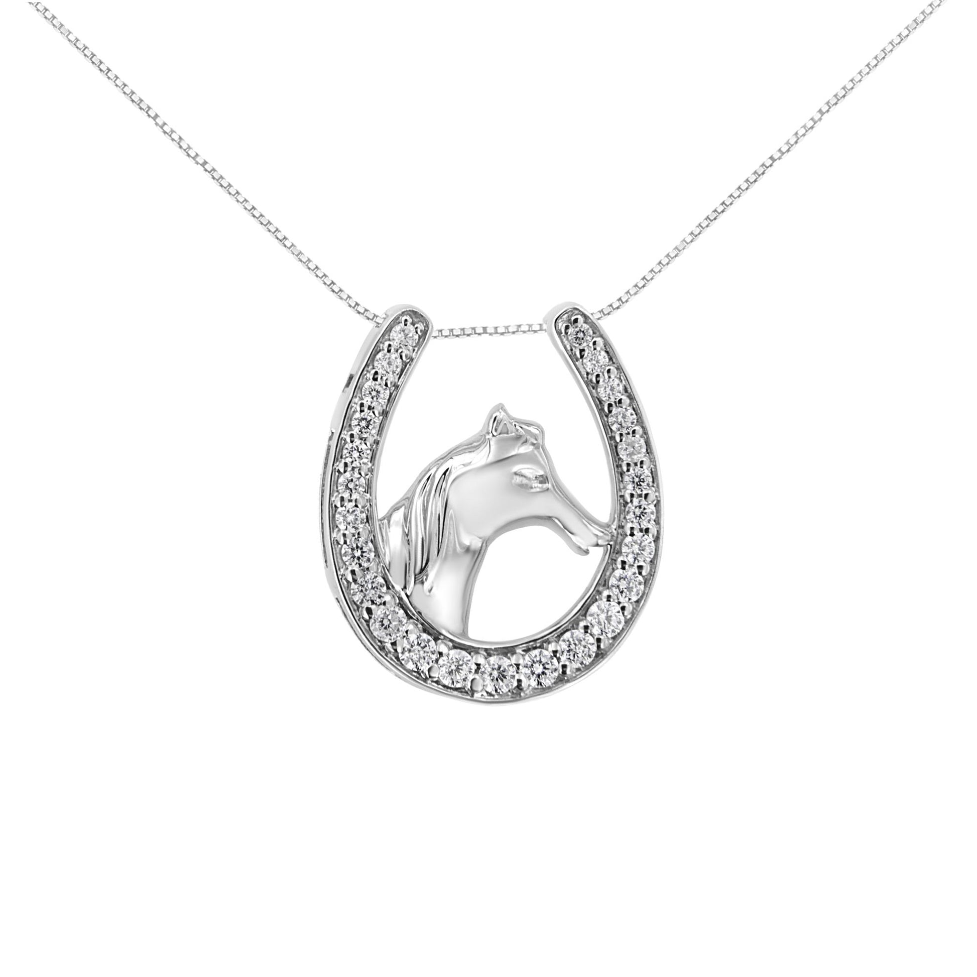 Front angle view of a white necklace with a horseshoe-shaped pendant featuring a horse head inside and round white gemstones set around the horseshoe in prong settings.