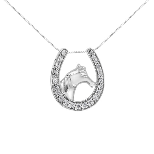 Front angle view of a white necklace with a horseshoe-shaped pendant featuring a horse head inside and round white gemstones set around the horseshoe in prong settings.