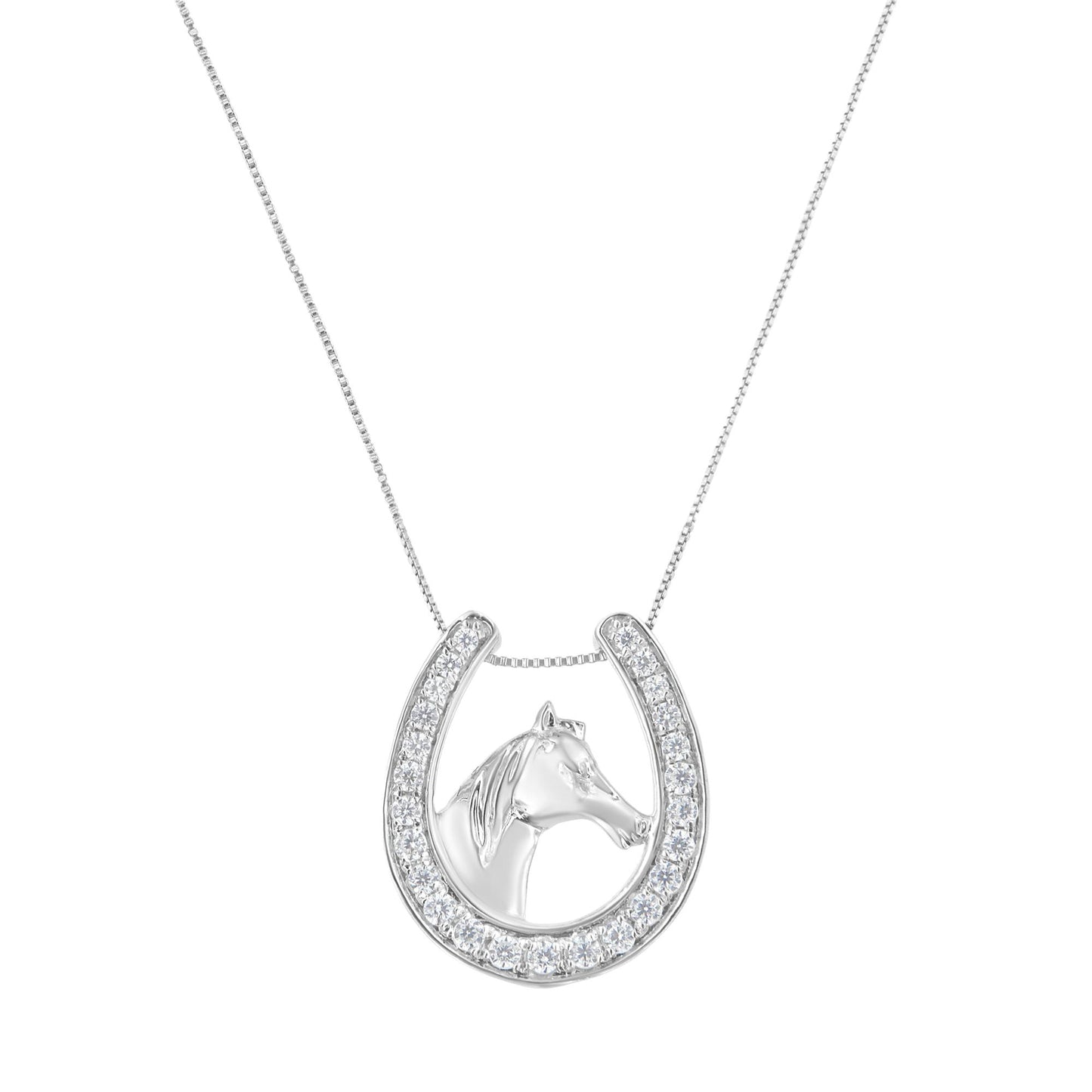 Front-facing shot of a white metal necklace featuring a horseshoe pendant lined with round white gemstones and a horse head inside the horseshoe.