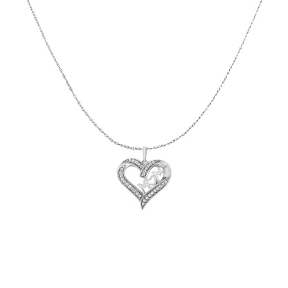 Front view of a white metal necklace with a heart-shaped pendant featuring the word 'MOM' and decorated with round white gemstones in a pave setting.