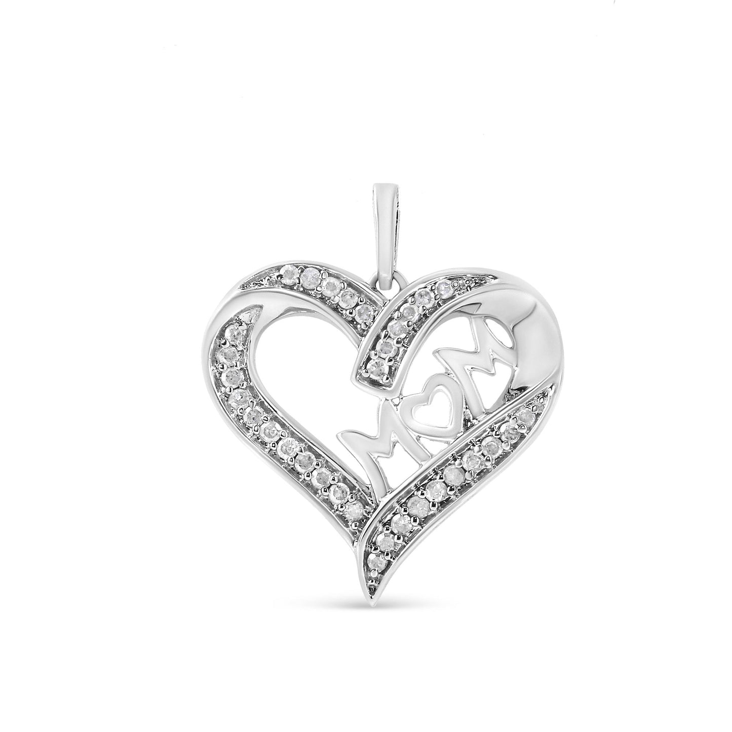 Front view of a white metal heart-shaped necklace pendant with pave-set round white gemstones and the word 'MOM' inside, with a small heart shape replacing the 'O'.