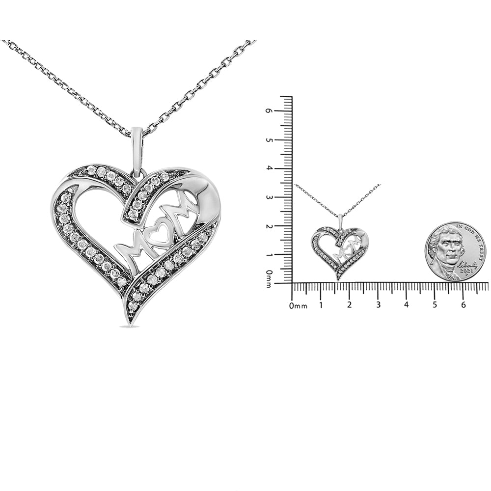 Front-facing view of a white metal heart-shaped necklace pendant with the word 'MOM' inside, accented with round white gemstones in pave setting, shown next to a ruler and coin for size reference.