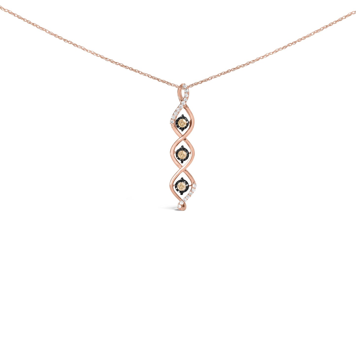 Two-toned necklace with a vertical pendant featuring a twisted design set with both white and champagne colored round gemstones, shot from the front on a white background.