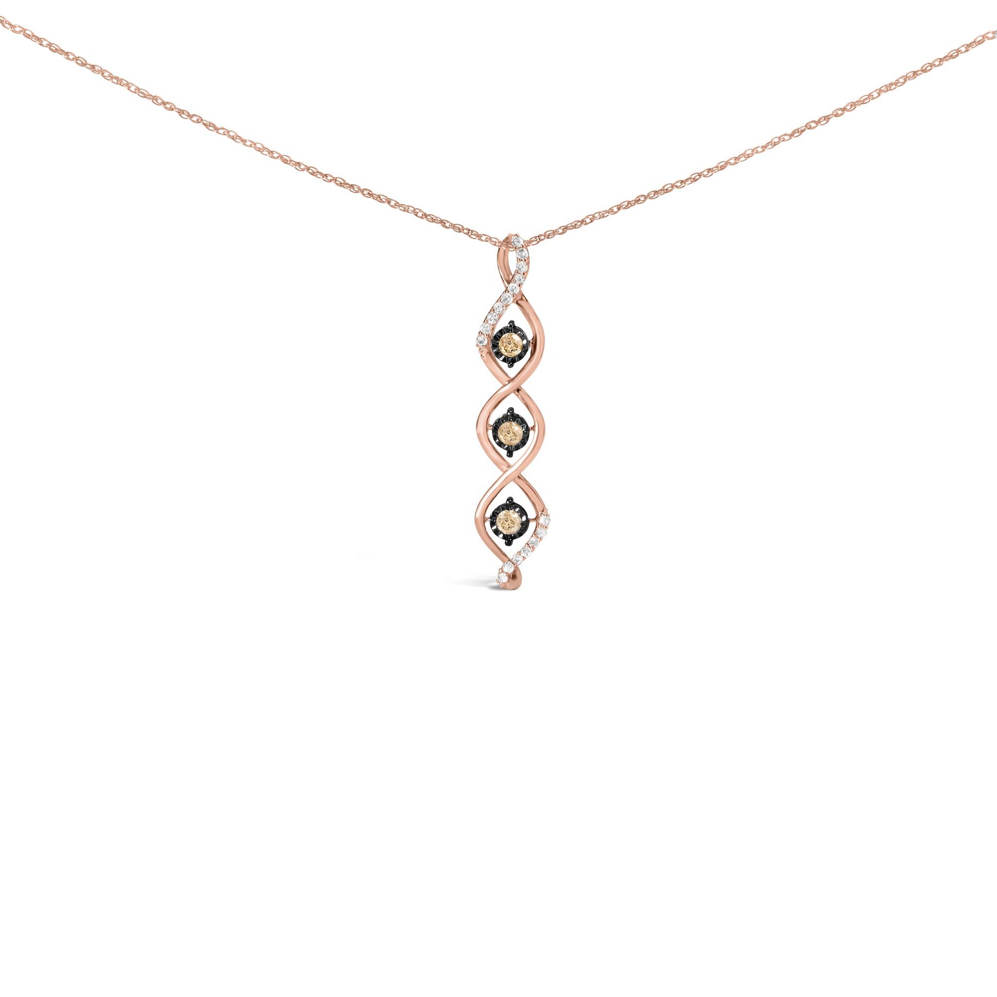 Two-toned necklace with a vertical pendant featuring a twisted design set with both white and champagne colored round gemstones, shot from the front on a white background.