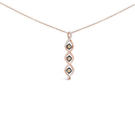 Two-toned necklace with a vertical pendant featuring a twisted design set with both white and champagne colored round gemstones, shot from the front on a white background.