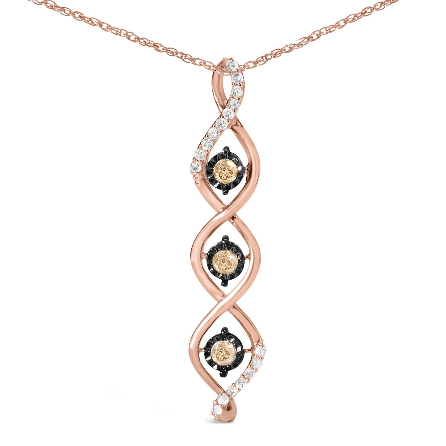 Front view of a two-toned necklace pendant with a twisting design, featuring three champagne-colored round gemstones in miracle settings and multiple white round gemstones in prong settings along one side.
