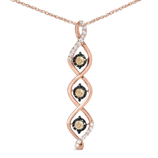 Front view of a two-toned necklace pendant with a twisting design, featuring three champagne-colored round gemstones in miracle settings and multiple white round gemstones in prong settings along one side.