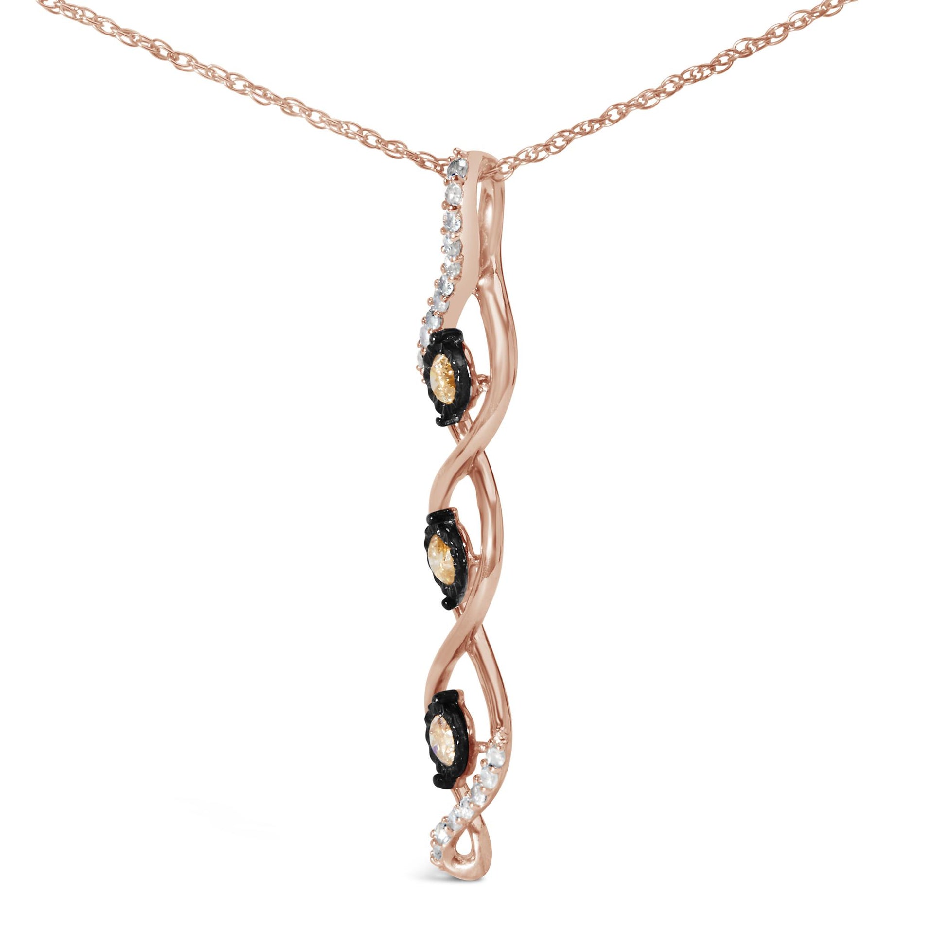 Two-toned necklace with a vertical pendant featuring a twisted design, adorned with three champagne-colored round gemstones in black settings and a line of white round gemstones on one side, shown in a front close-up view.