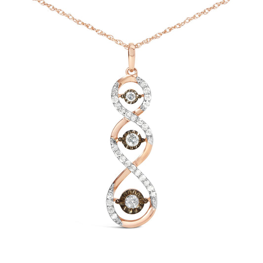 Front angle of a two-toned necklace pendant featuring an elongated figure-eight design with round white gemstones in prong settings along the curves and three round champagne-colored gemstones in miracle settings positioned inside the loops.