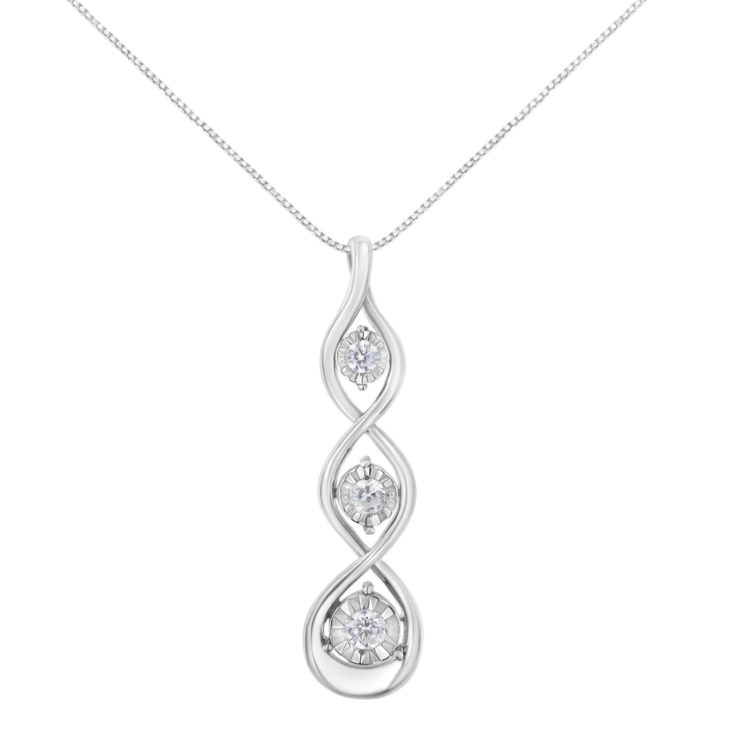 Front view of a white metal necklace pendant with a twisted open loop design, featuring three round white gemstones set in a miracle setting.