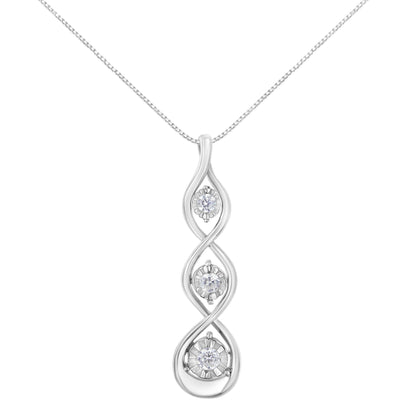 Front view of a white metal necklace pendant with a twisted open loop design, featuring three round white gemstones set in a miracle setting.